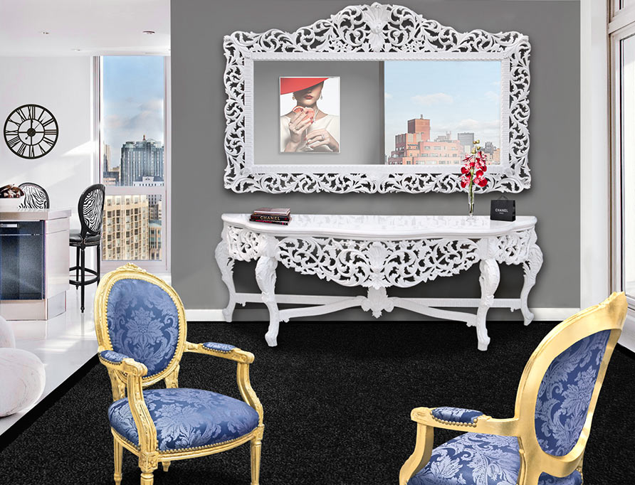 énorme console avec miroir de style baroque en bois laqué blanc Royal Art Palace